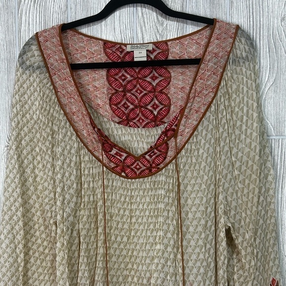 Lucky Brand Boho Peasant Sheer Avalon Deco Border Long Sleeve Blouse Top Size 3X - Picture 2 of 14
